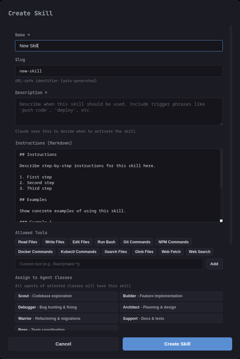 Create Skill dialog with markdown instructions, allowed tools, and agent class assignment