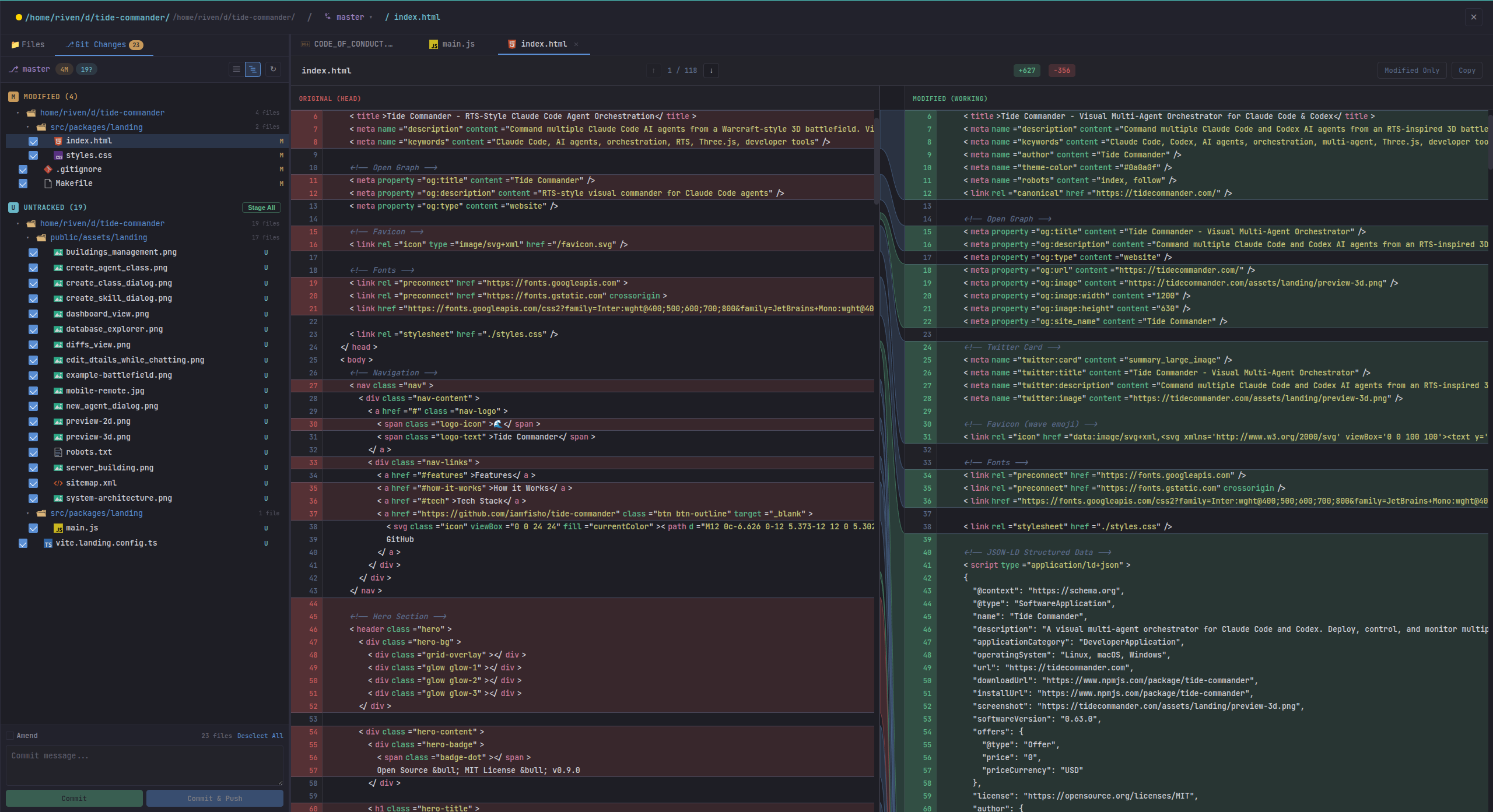 File explorer panel showing git diffs with side-by-side comparison of file changes