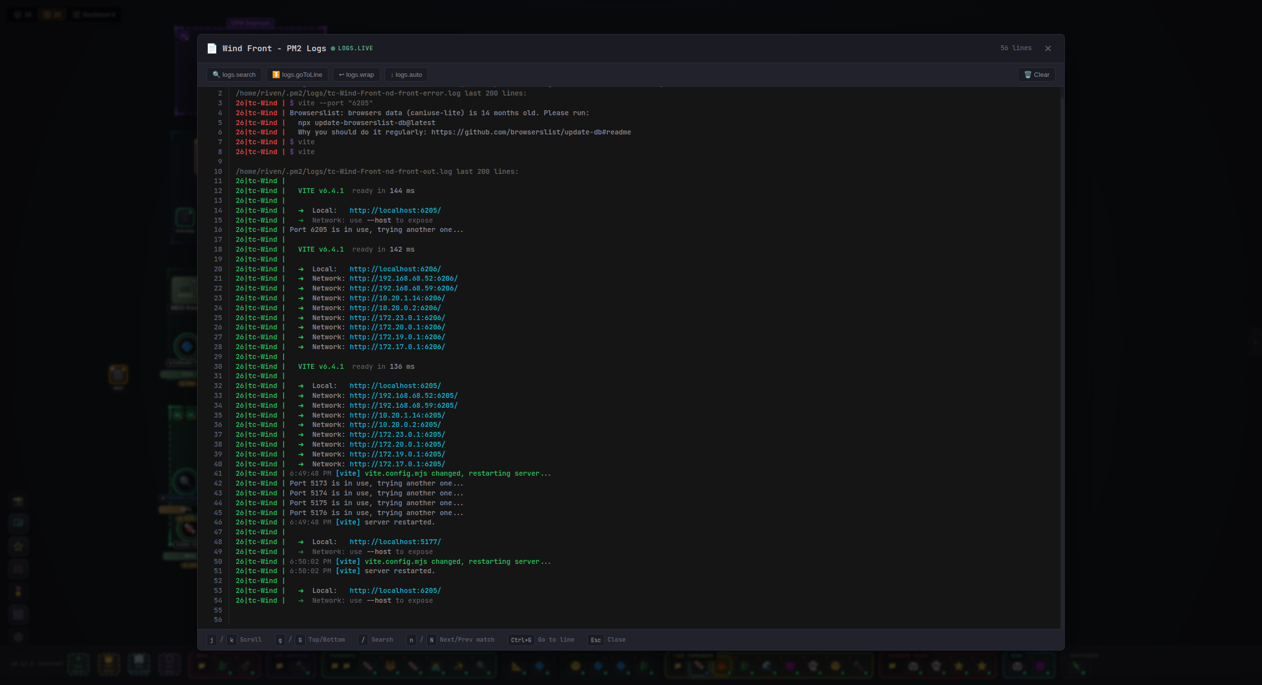 Server building PM2 logs panel showing process output, network info, and restart events